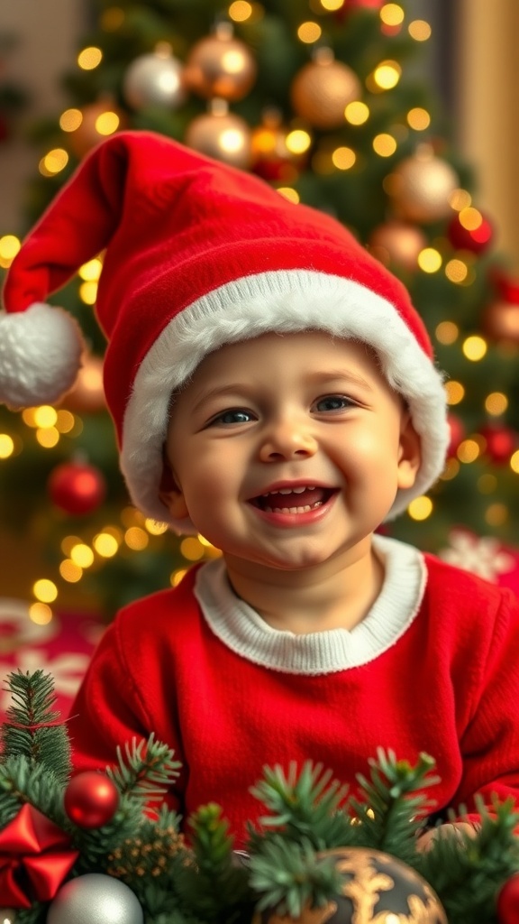 A smiling toddler in a Santa hat with Christmas tree and decorations in the background.